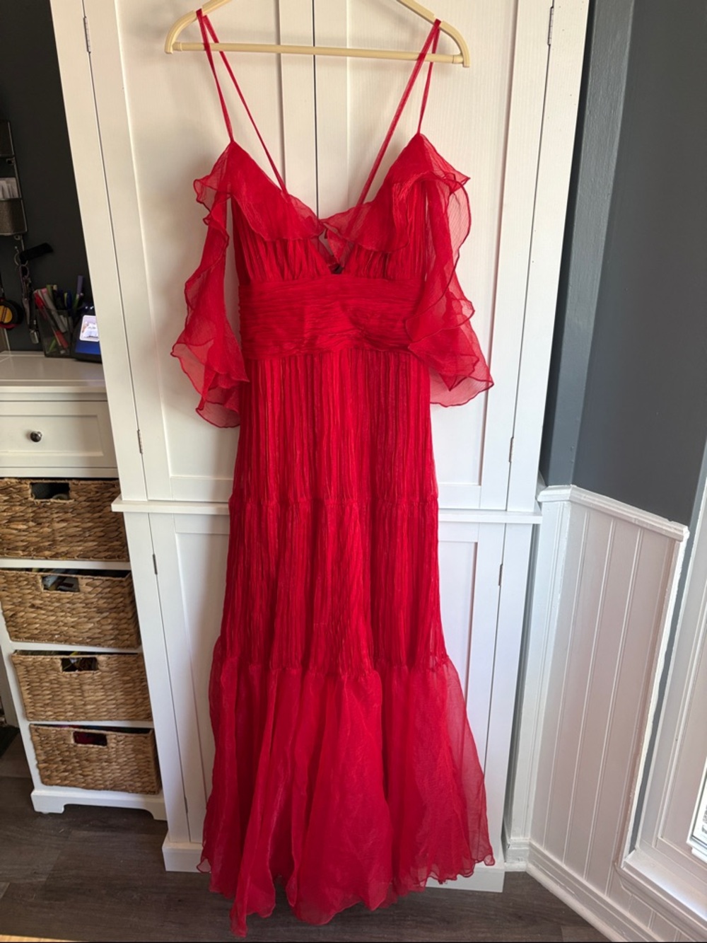 Red Maxi Dress with Ruffle Sleeves